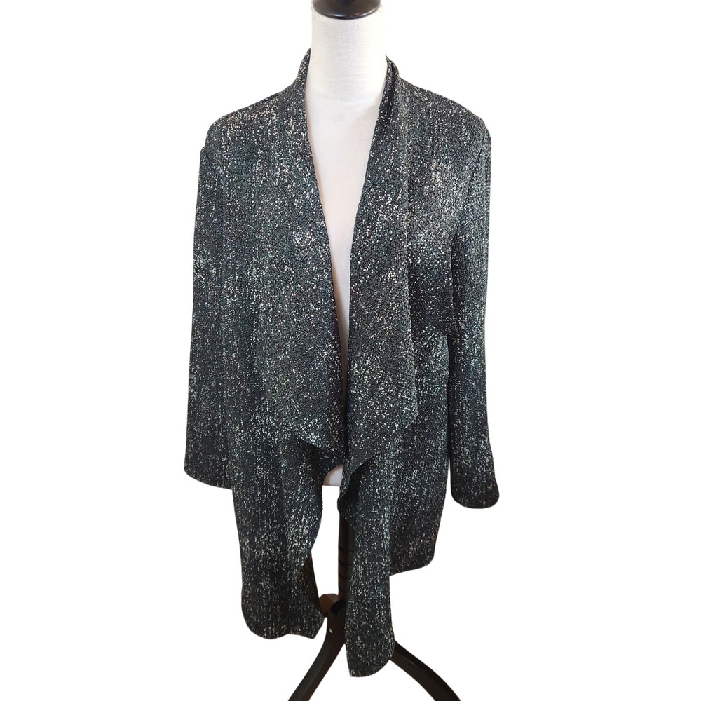 Chicos 3 Travelers Collection Textured Draped Open Front Cardigan Green White XL